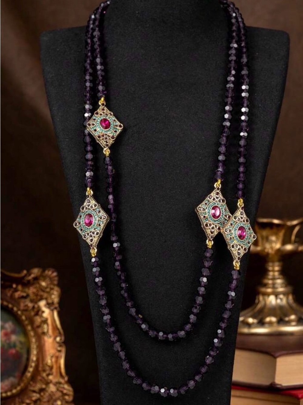 Dark Purple Crystal Beaded Long Statement Necklace with Jeweled Accents